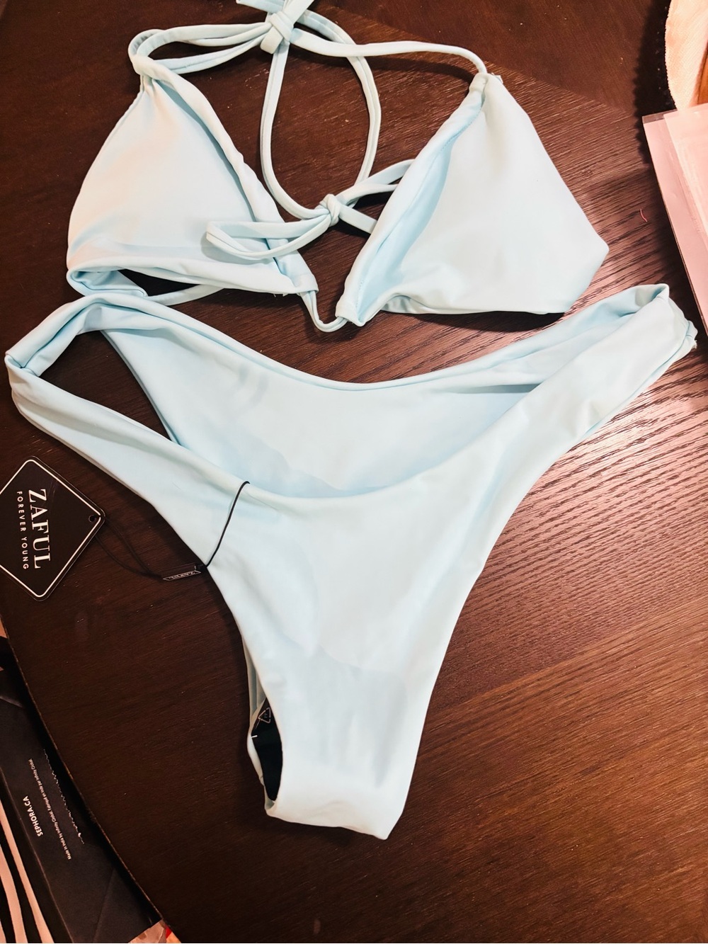 Zaful Pale Blue Triangle Bikini Set with Tie Straps